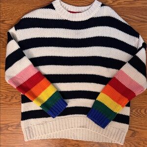 Sundry Striped Black & White Sweater with Rainbow Striped Sleeves